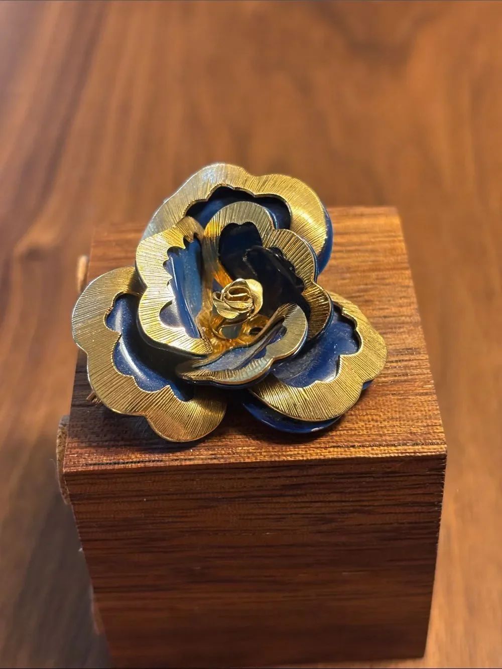 Vintage Coro Gold and Navy Flower Brooch - Elegant Women's Accessory